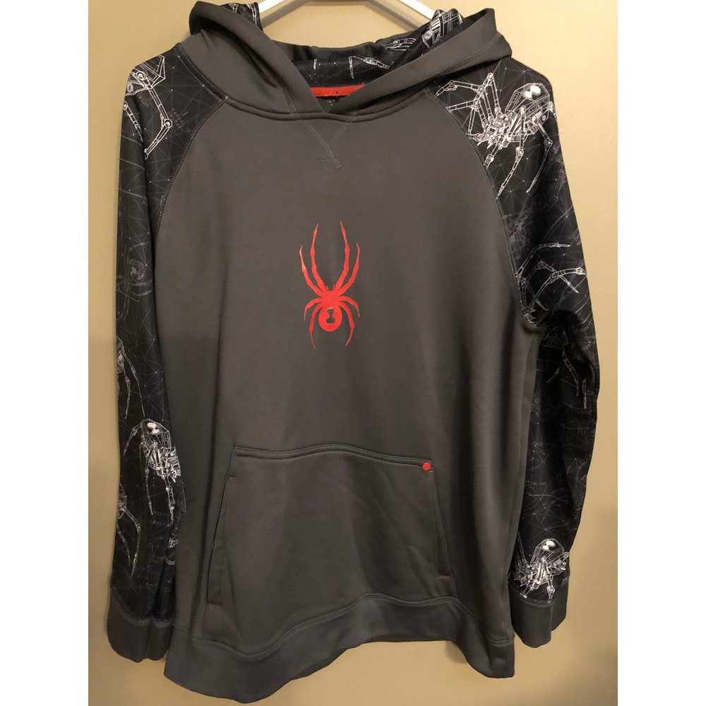 Spyder Graphic Pullover Hoodie Mens Small Allover Web Sleeve Red Chest Logo